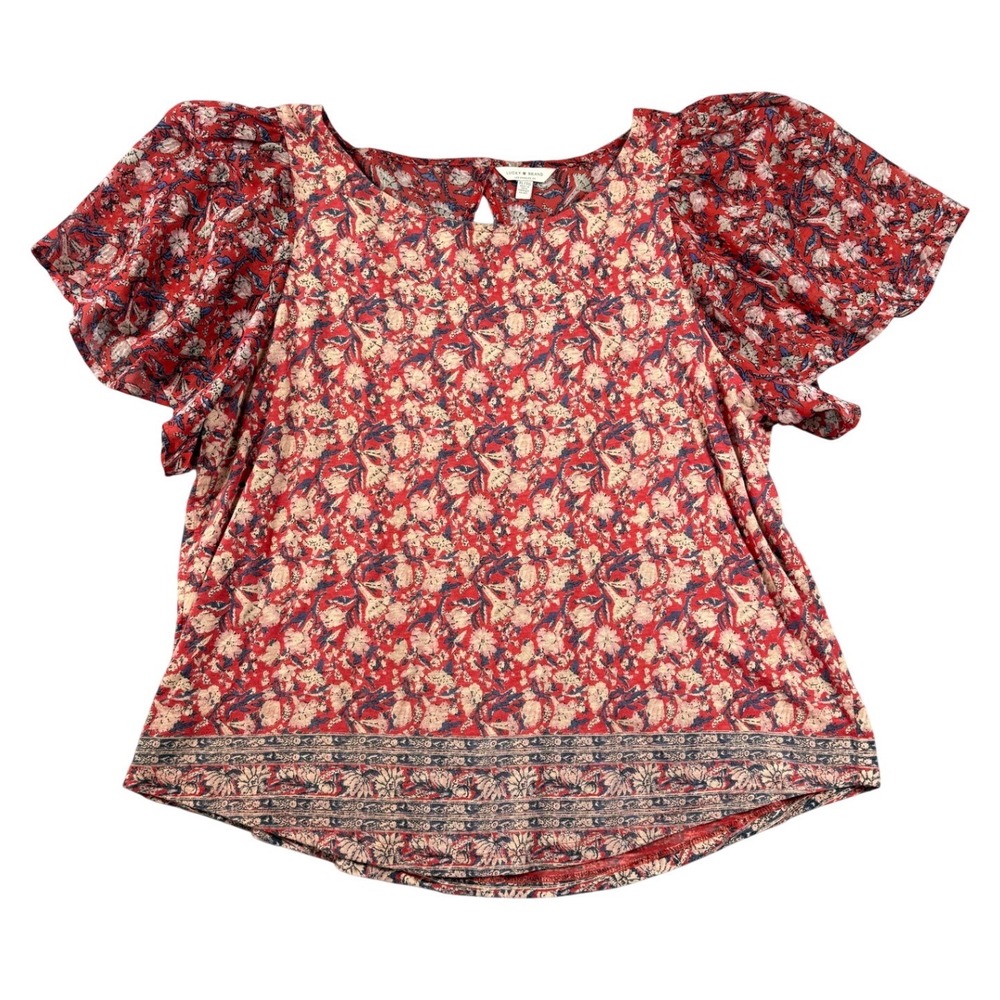 Lucky Brand Womens Red Floral Puff Sleeve Mixed Media Boho Top XL 7W64639